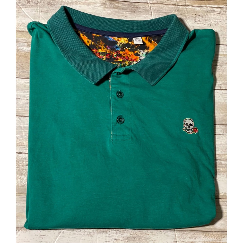 Robert Graham Men's Polo Shirt Skull Rose Green  Short Sleeve‎ 2XL